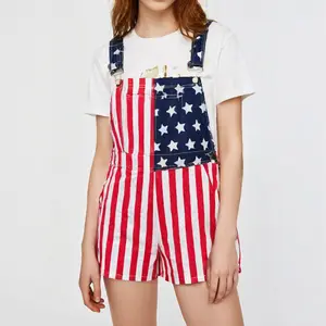 American Flag Suspender Short Overalls for Men Women, Lightweight Stretch Denim Bib Shorts for Casual Street Fashion, Patriotic Outfit for National Holiday Events and World Cup Sports Gatherings