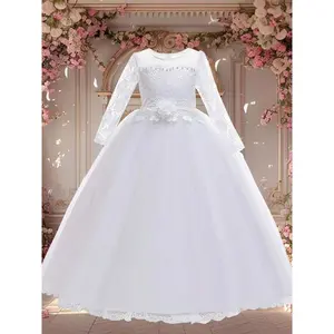 Girl's Floral Lace Faux Pearls & Bow Decor Tulle Satin Dress, Elegant High Waist Long Sleeve Party Dress For Prom Cocktail, Kids Dressy Partywear(Sheets)