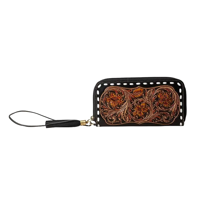 Myra Bag Ladies Canyon Bloom Hand-Tooled Brown Wristlet Wallet S-7463