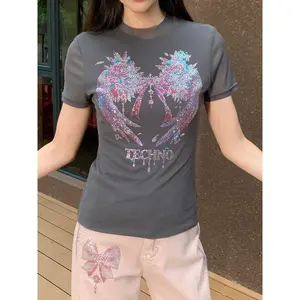 TCH - Hot stamping wings short sleeved T-shirt 2026 summer new American retro slim fit round neck top for women