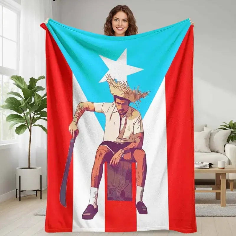 Soft Flannel Print Throw Blanket, Ethnic-Inspired Custom Graphic Design with Pop Singer, Puerto Rico-Cuba Flag, Folk Art Farmer Illustration, Tropical Rustic Style, Beach-Themed for Sofa Bedroom Gift, Custom Graphic Blankets, Ethnic-Inspired Blankets