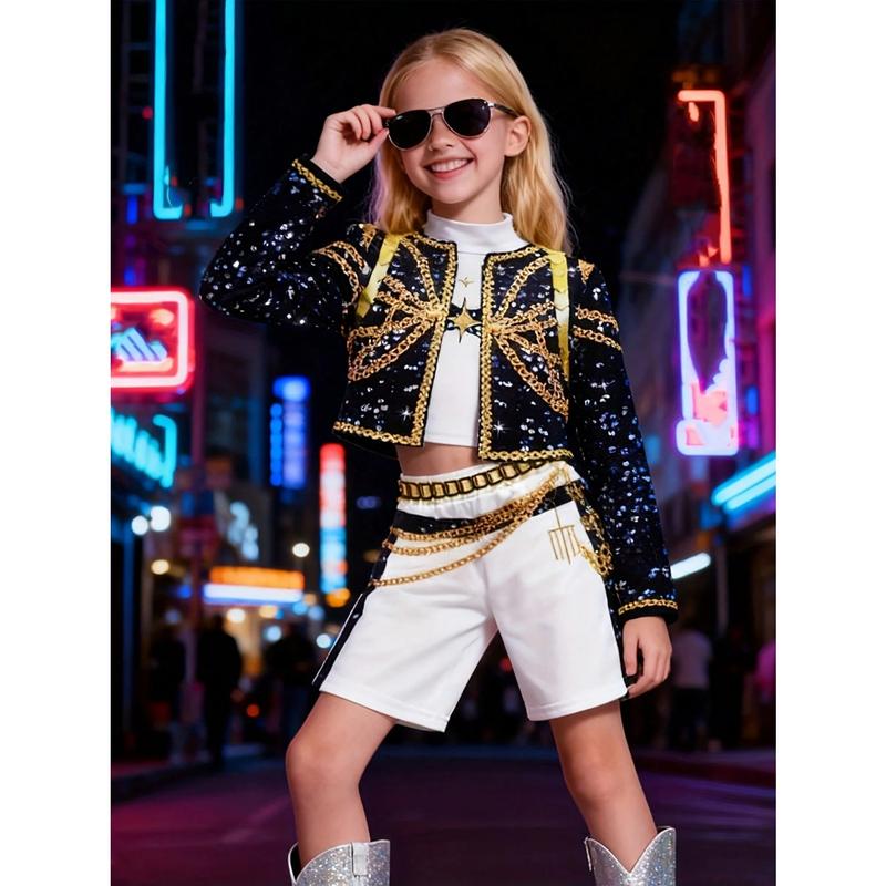 Girls K-Pop Rumi Mira Role Play Costume Set 3pcs Short Sleeve Crop Top Skirt Halloween Party Dress Up Clothes for Kids Comfortable Polyester Fabric Superstar Outfit