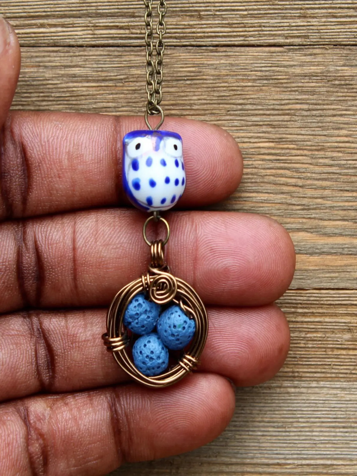 Blue Owl Necklace, Diffuser Necklace, Bird's Nest Necklace, Lava Bead Necklace, Aromatherapy Necklace, Gift For Mom.