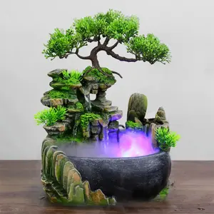 Compact Desktop Resin Rockery Waterfall Fountain with LED Lights, Traditional Fengshui Ornament, Decoration Items for Living Room, Home Office Planters, Adults’ Bedroom Gift