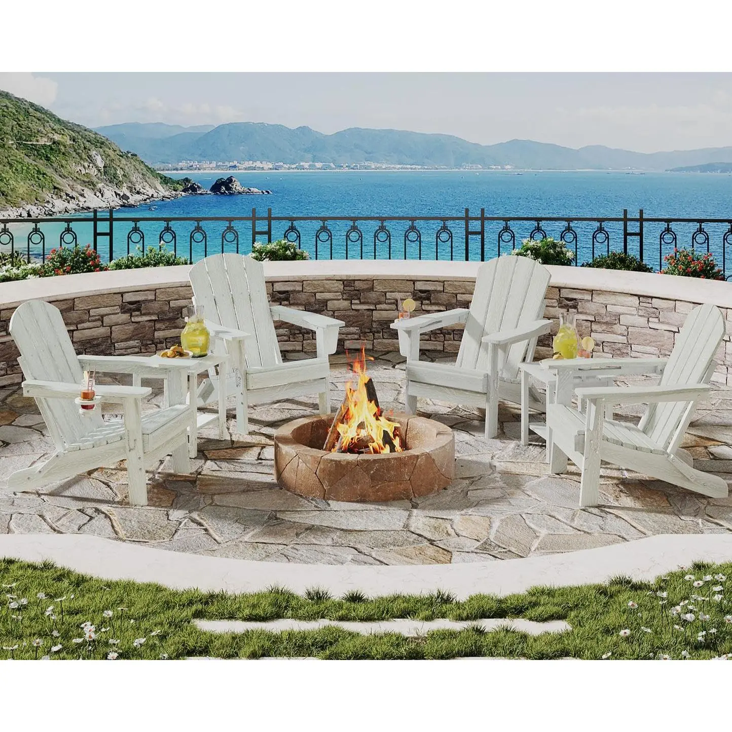 Adults' 4-Piece Folding HDPE Plastic Adirondack Chair Set with 2 Side Tables, All-Weather Wood Grain Wide Arms Chairs with Cup Holders, Sturdy Ergonomic, 30"d×29"w×35.5"h, 380 lbs Capacity, White for Decks, Patios
