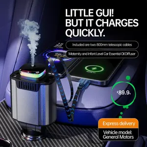 45W PD Fast Car Charger, 4-in-1 Multi-Functional Car Adapter with Aromatherapy Diffuser, Starry Sky Ambient Light & Emergency Safety Hammer Window Breaker, 2 Retractable USB-C/A Cables for iPhone & Android, Universal for All Cars