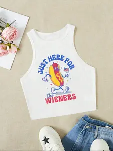 Women's Hot Dog & Letter Print Crew Neck Tank Top, Streetwear Tank Vest, Casual Sleeveless Top for Summer, Ladies Clothes for Daily Wear, Socks
