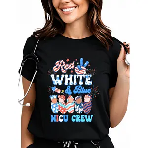 100% Cotton Groovy Red White Blue NICU Crew NICU Nurse 4th Of July Women Men T-Shirt