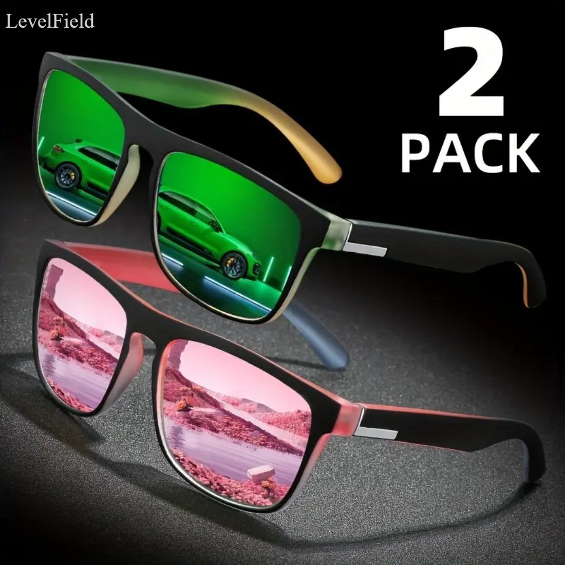 LevellField Retro Square Sunglasses for Men Women Colored Tinted Lens UV400 Classic Frame Lightweight Durable Fashion Eyewear for Driving Party Street Style Daily Wear 2 Pack