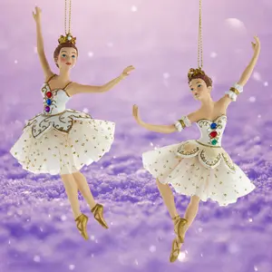 Kurt Adler Set of 2 White Gold Jeweled Ballerina Christmas Tree Ornaments Nutcracker Elegant Decor Xmas Ballet Figurines Swan Lake Inspired Vintage Style Ornaments