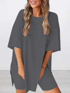 2 Pieces Women Suit Women's Casual Plain Long Top & Short Pants Set, Mid Waist Short Sleeve, Round Neck, Fashionable Everyday Home Sportswear, Basic Style