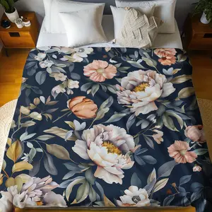 1pc Vintage Floral Print Flannel Throw Blanket, Soft Warm Cozy Blanket With Peony & Leaves Pattern On Navy Blue Background For Couch, Sofa, Bed, Office, All-Season Decorative Nap Blanket