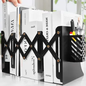 Heavy Duty Book End to Hold Books + Detachable Pen Holder, Adjustable Bookends Book Holder for Shelves, Decorative Book Organizer for Desk, Sturdy Metal Book Ends Binder Holder for Tabletop