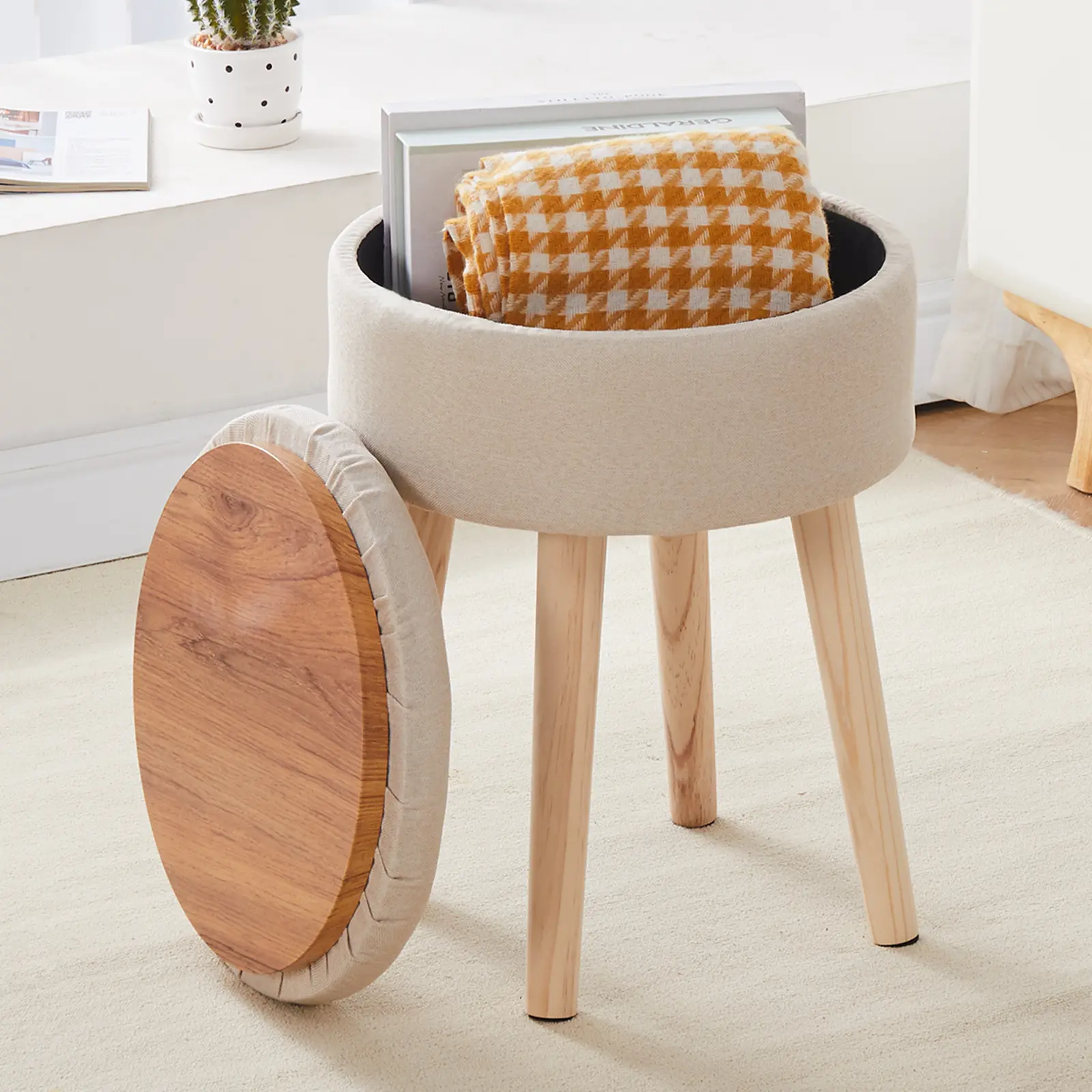 Linen Round Vanity Stool Tray Top Modern Foot Stool with Wood Legs Multifunctional Upholstered Foot Ottoman Rest for Living Room, Bathroom, Makeup Beige