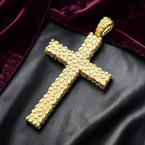 HIGH-END BRASS 14K GOLD FINISHED GOLDEN NUGGET CHRISTIAN CROSS RELIGIOUS FASHION CHARM PENDANT
