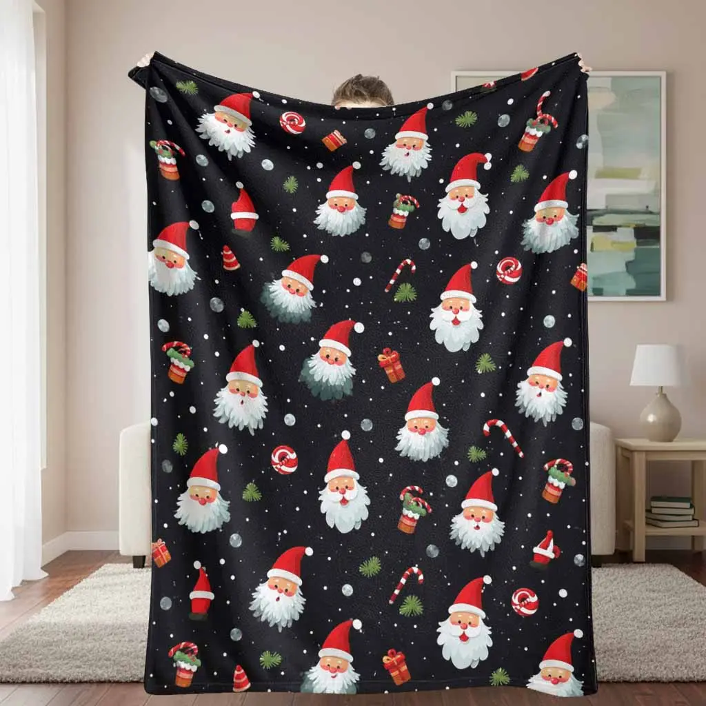 Christmas Santa-Claus Flannel Blanket, Cute Holiday Candy Cane Gift Box Print, Breathable Wrinkle-Resistant Durable Soft Cozy Lightweight Warm Plush Throw for Sofa, Bed, Winter Decor Gift