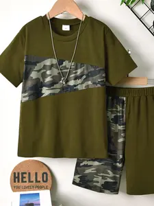 Two-piece Set Boy's Camo Print Tee & Shorts, Casual Round Neck Long Sleeve T-shirt & Elastic Waist Shorts for Daily Wear, Kids Summer Clothes, Cute Clothes, Camo Clothing Set
