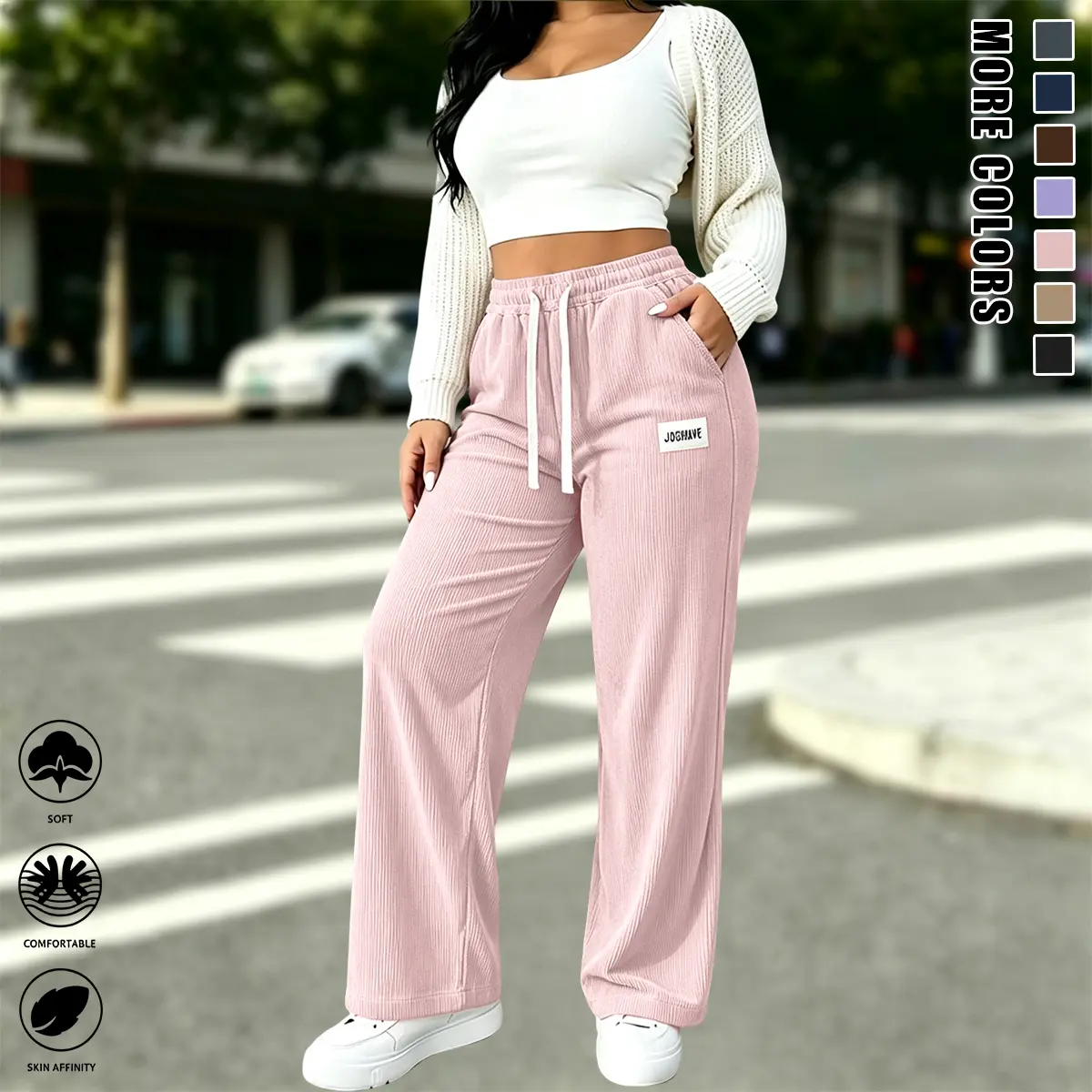 JOGWAVE Women’s Elegant Full-Length Polyester Solid Corduroy Comfy Pants, Straight-Leg, Elastic Drawstring Waist, Suitable for Outdoor Sports & Everyday Wear, Women’s Clothes Bottoms