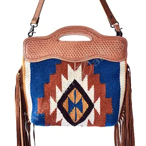 American Darling Cross body Bag, Basket Weave Hand-Tooled Leather, Hand Woven Saddle Blanket with Fringes, Western Shoulder Purse