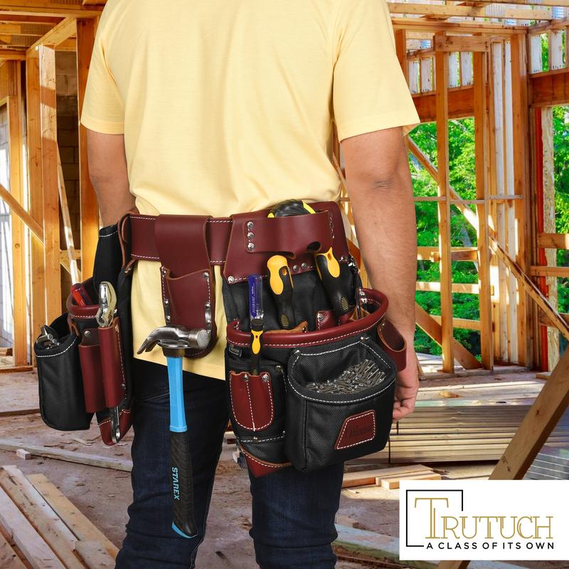 TRUTUCH Black Heavy Duty Nylon and Leather Tool Belt for Carpenters, Framers, and Electricians