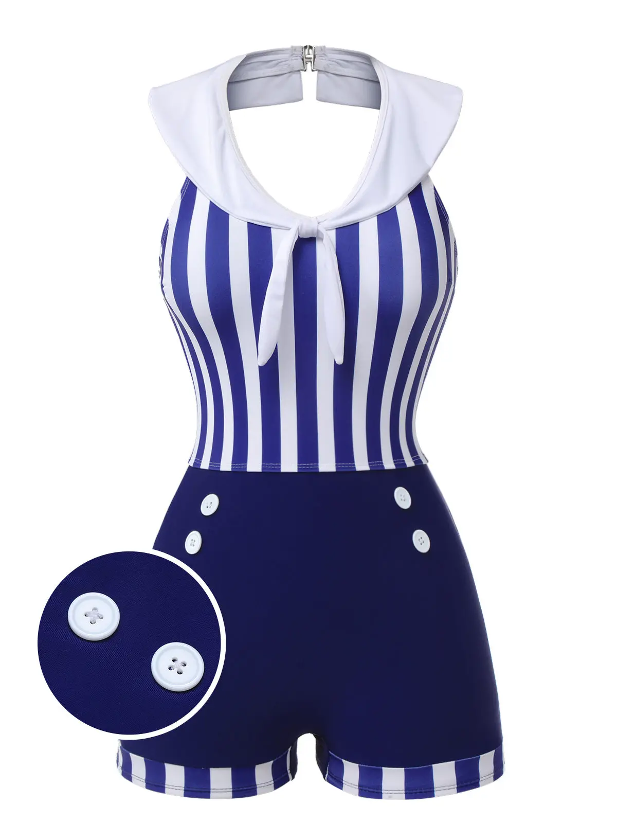 Navy Blue 1950s Striped Navy Collar Swimsuit 4th of july outfits