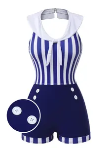 Navy Blue 1950s Striped Navy Collar Swimsuit 4th of july outfits
