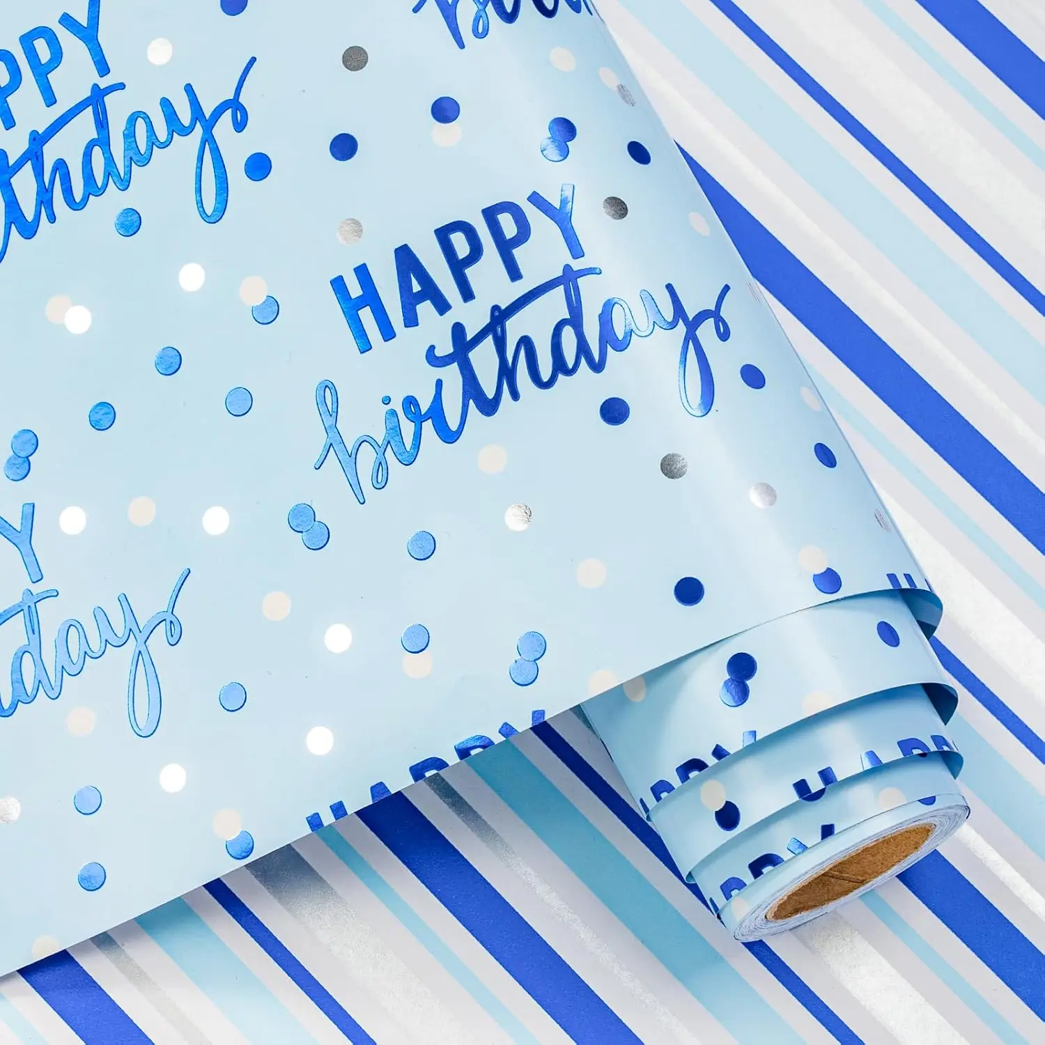 Reversible Blue Wrapping Paper Mini Roll (17in x 9.8in) - Happy Birthday Lettering, Metallic Foil Stripes, Birthday Gifts Idea for Boys Men