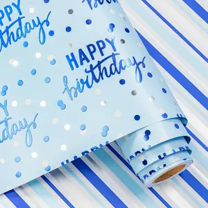 Reversible Blue Birthday Wrapping Paper Roll for Boys Men, Happy Birthday Lettering & Stripe  with Metallic Foil in Blue, Mini Roll, 17 inches x 9.8