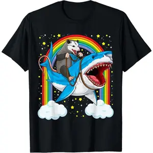 100% Cotton Unisex Funny Opossum Riding Shark Possum Trash Marsupial Mashup T-Shirt Casual Graphic Printed Vintage Tshirt Menswear Top Distressed Big Black Crewneck Shortsleeve