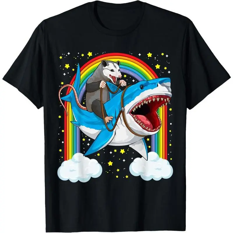 100% Cotton Unisex Funny Opossum Riding Shark Possum Trash Marsupial Mashup T-Shirt Casual Graphic Printed Vintage Tshirt Playful Whimsical Outlandish Cool