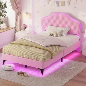 Sikaic Velvet Princess Platform RGB LED Bed Frame with Storage Drawers and Adjustable Crystal Button Headboard Creamy Pink Furniture Nursery Design Cute Interior Bedroom Set Upholstered Modern Cama