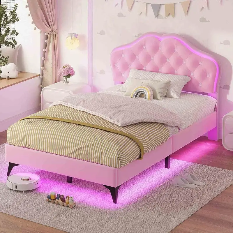 Sikaic Velvet Princess Platform RGB LED Bed Frame with Storage Drawers and Adjustable Crystal Button Headboard Creamy Pink Furniture Nursery Design Cu