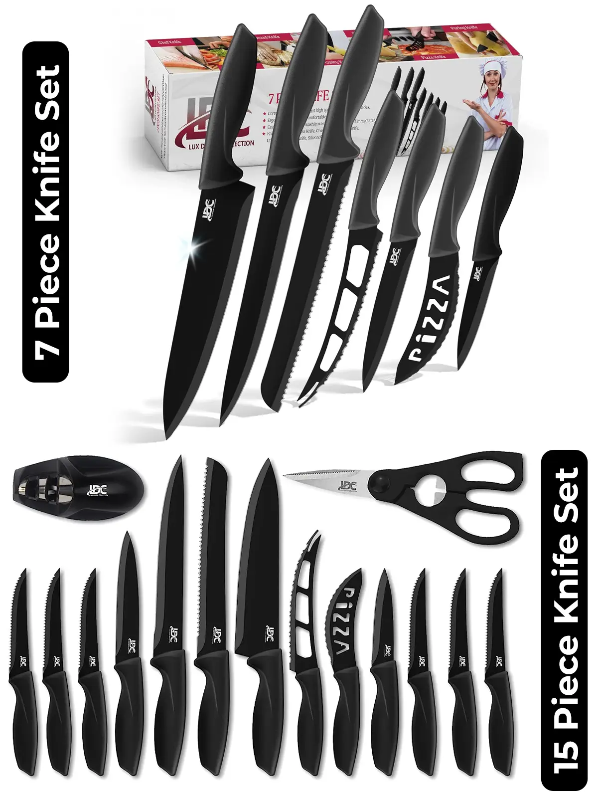 Lux Decor 7 & 15 Pieces Knives Set -Stainless Steel Ultra Sharp Cutlery Knife Set- Rust Proof Black Steak Knives & Vegetable Cutter Set Block Kitchen