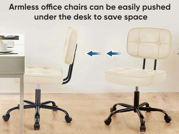 Armless Computer Chair with Lumbar Support – Ergonomic Low Back PU Leather Desk Chair – Height Adjustable, 360° Swivel Rolling Wheels – White, Space-Saving for Small Office