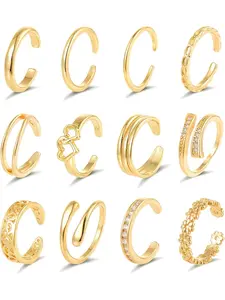 12Pcs 14K Gold Filled Toe Rings for Women Simple Open Band Toe Ring Hawaiian Summer Beach Daisy Flower CZ Snake Love Knot Thin Foot Jewelry Set Gold Silver Tone Adjustable Stackable Rings