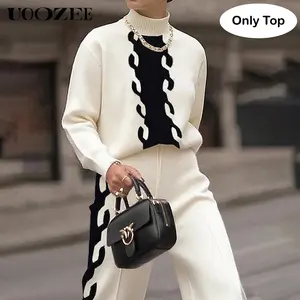 UOOZEE Women's 2025 Autumn Winter Turtleneck Long-Sleeve Knitwear Top - Contrast Color Split-Joint Design, Soft Thick Breathable Loose Comfortable Fabric, Chic Clothes for Casual Office Use