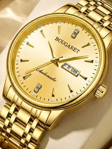 Men's Business Mechanical Watch, Dual Calendar Diamond Embellished, Elegant Round Dial, Versatile Steel Strap Wristwatch for Career Success