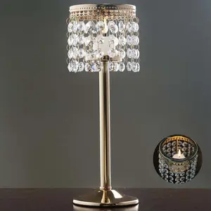 Crystal Beaded Chandelier Metal Candle Holder Gold - Sophisticated Pillar Tealight Stand 12"