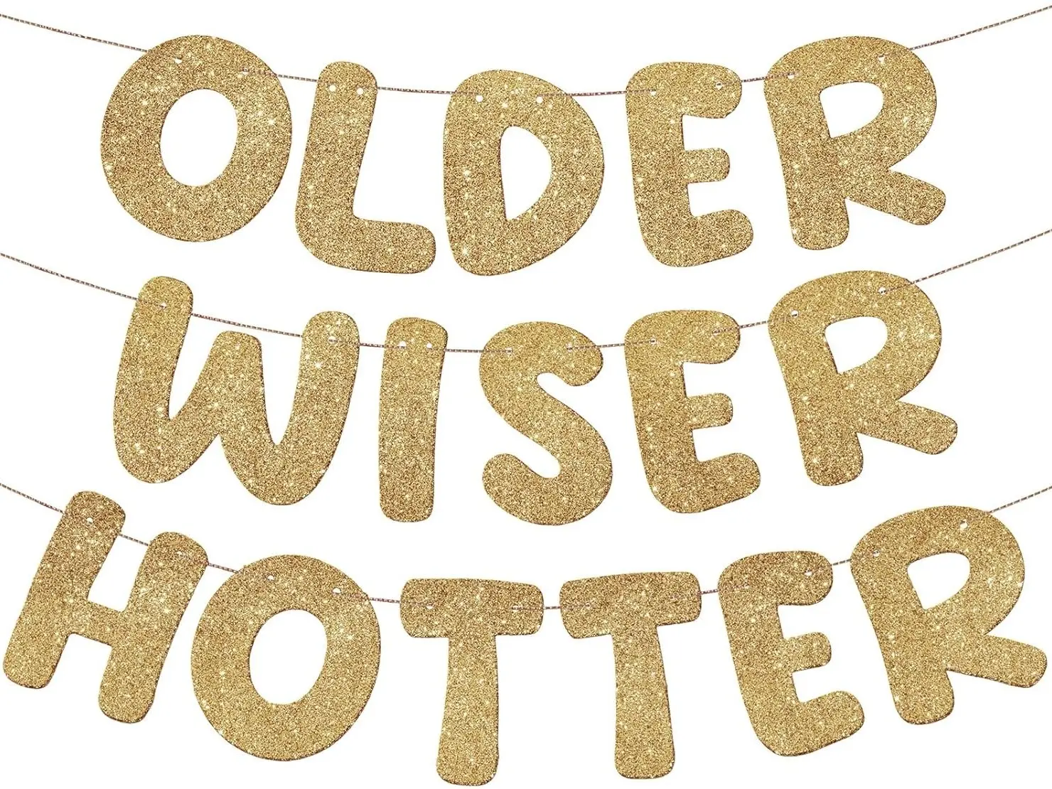 Set of 3 Pre Strung Older Wiser Hotter Glitter Banner Funny Birthday Banner for Women 30th 40th 50th 60th 70th 80th Birthday Party Decorations Sign Gift(Champaign Gold)
