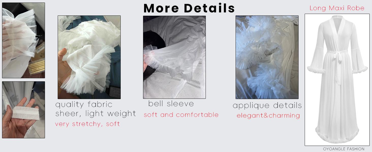 Women's Sheer Mesh Wedding Robe, Long Sleeve V Neck Bridal Nightgown with Ruffle Trim, Belted Trumpet Sleeve Loungewear for Bride