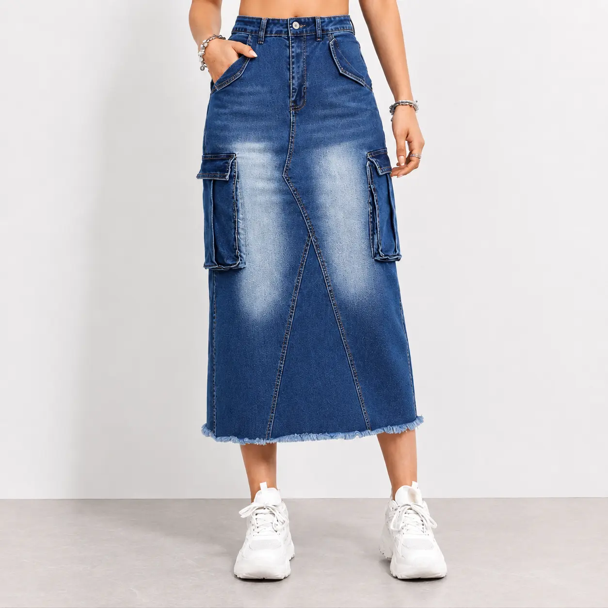 JUNBAOSS Women's Casual Stretch Mid Rise Long Denim Skirt Women Button Down Mid-Length Streetwear Denim A Line Skirt with Cargo Pocket