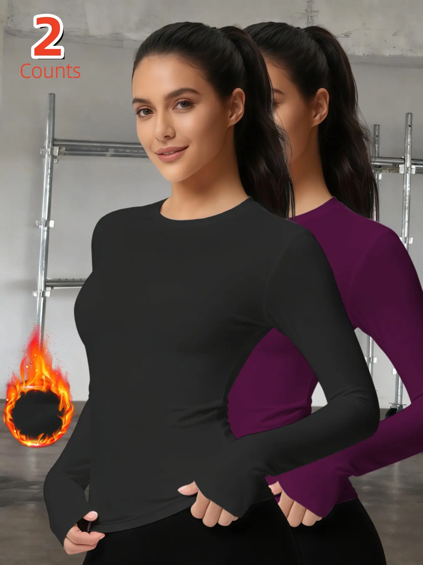 2-Pack Women's Thermal Underwear Tops, Solid Color Classic Crew Neck Long-Sleeve Base Layers for Autumn & Winter - Ideal as Running, Hiking Activewear, Comfortable Base Layer Tees Suitable for Outdoor Activities