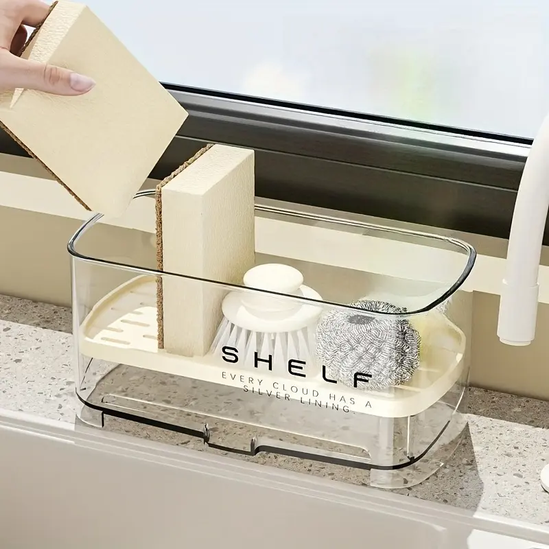 Thick Plastic Compact Durable Countertop Drain Rack - Multifunctional Kitchen Sink Organizer with Drain Layer and Cloth Holder