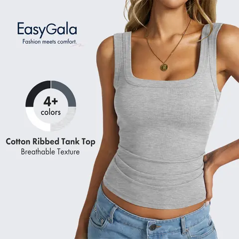 EASYGALA Women's Ribbed Knit Tank Top, Square Neck Cotton Sleeveless Shirt with Wide Straps, Lightweight Hip Length for Summer Holiday, White Tank Top,back to school,back to school shopping, Tops, Crop Tops