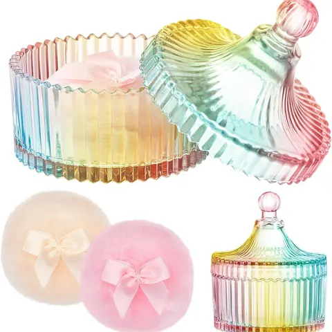 2-Pcs Large Beauty Puff & Compact Powder Container Gift Set - Talc-Compatible Crystal Case, Soft Washable Reusable Velour, Cute Bow Detail, Wet/Dry Makeup Use (Classic, Colorful)