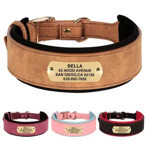 Personalized PU Leather Dog Collar Soft Padded Wide Dog Collars Customized Pet Tag Name Necklace for Medium Large Dogs Pitbull
