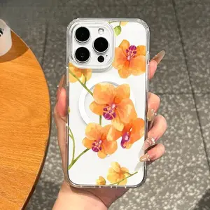 Magnetic Closure TPU Cellphone Case - Aesthetic Orange Orchid Watercolor Design, Shockproof Scratch-Resistant Cover for iPhone 11/12/13/14/15/16/17 Pro/Pro Max/Plus, Girly Mobile Accessory for Cellphone Protection