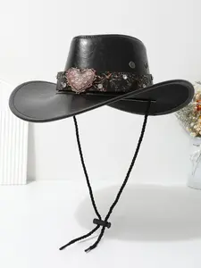 Vintage Heart-Shaped Rhinestone Leather Classic Cowboy Hat, Western Paisley Pattern Sun Hat, Unisex Daily Wear Party Cap