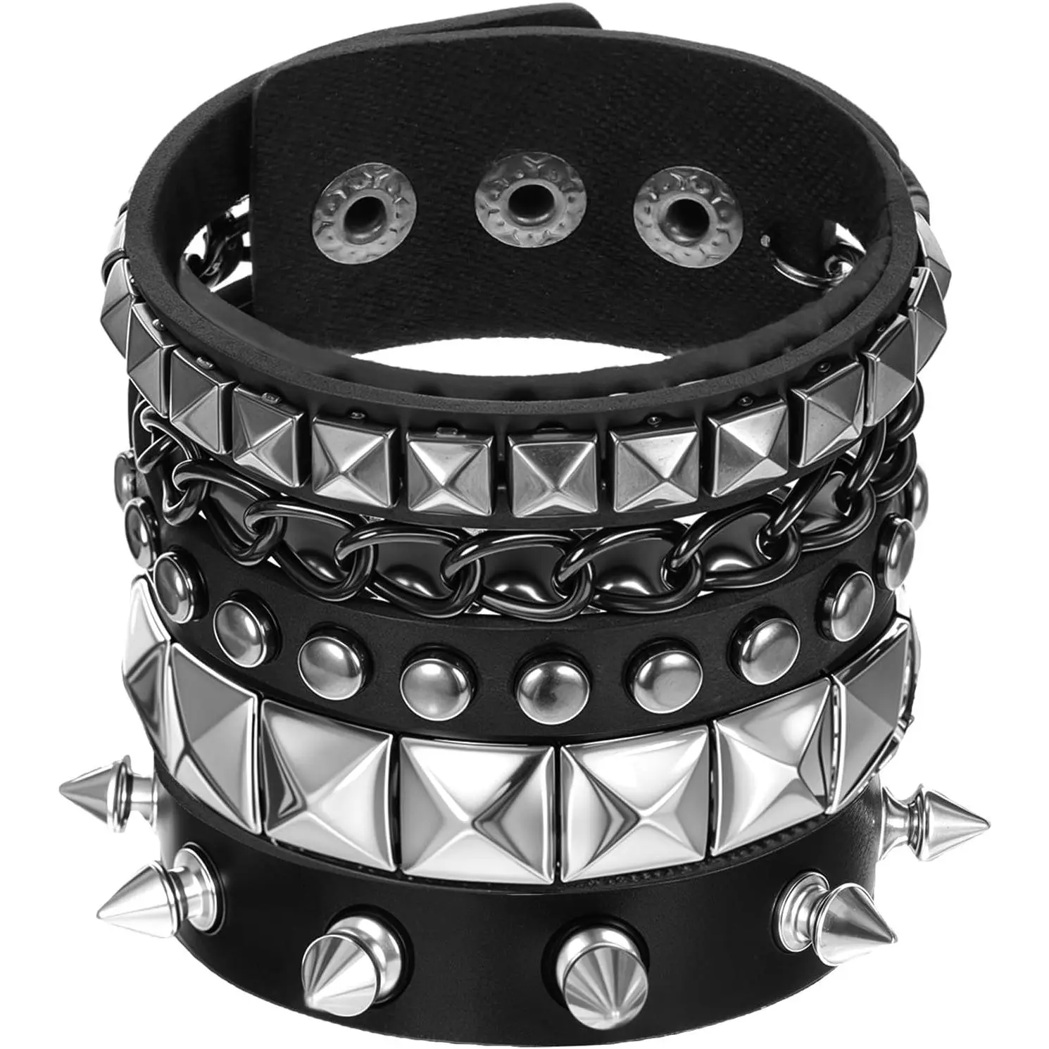 3-Count Punk Style Stackable Bracelets Set - Adjustable Spiked Studded Cuff Wristbands, 80s Goth Emo Fashion Costume Jewelry Accessories, Punk Style Bracelet, Stackable Bracelet