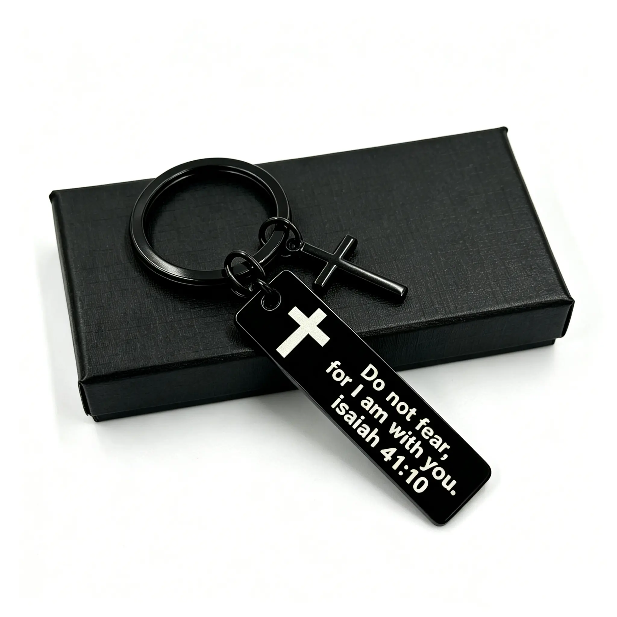 Black Stainless Steel Engraved Bible Verse Keychain - Rustproof, Pocket-Size 1.97" x 0.47" Keychain Accessory with Cross Charm, Inspirational Christian Father's Day Gift for Men and Women